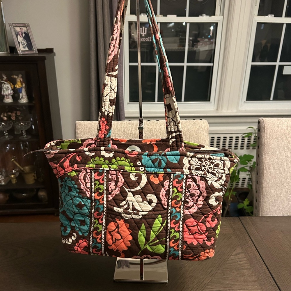 Vera Bradley Quilted Brown Floral Tote with Turquoise, Pink & Green Accents